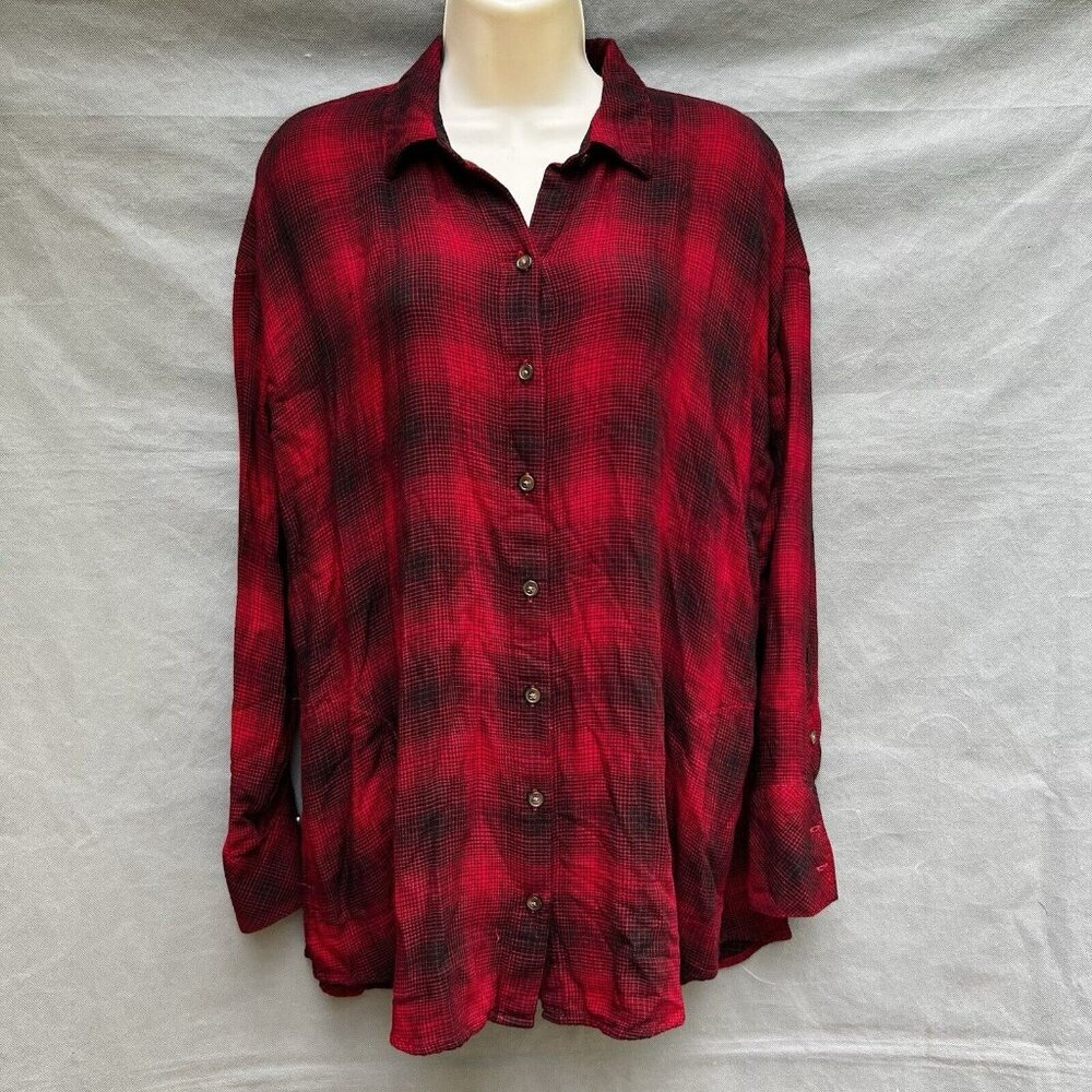 J. Jill Size Medium Red Black Plaid Collared Shirt Button Down Fall Autumn Cozy